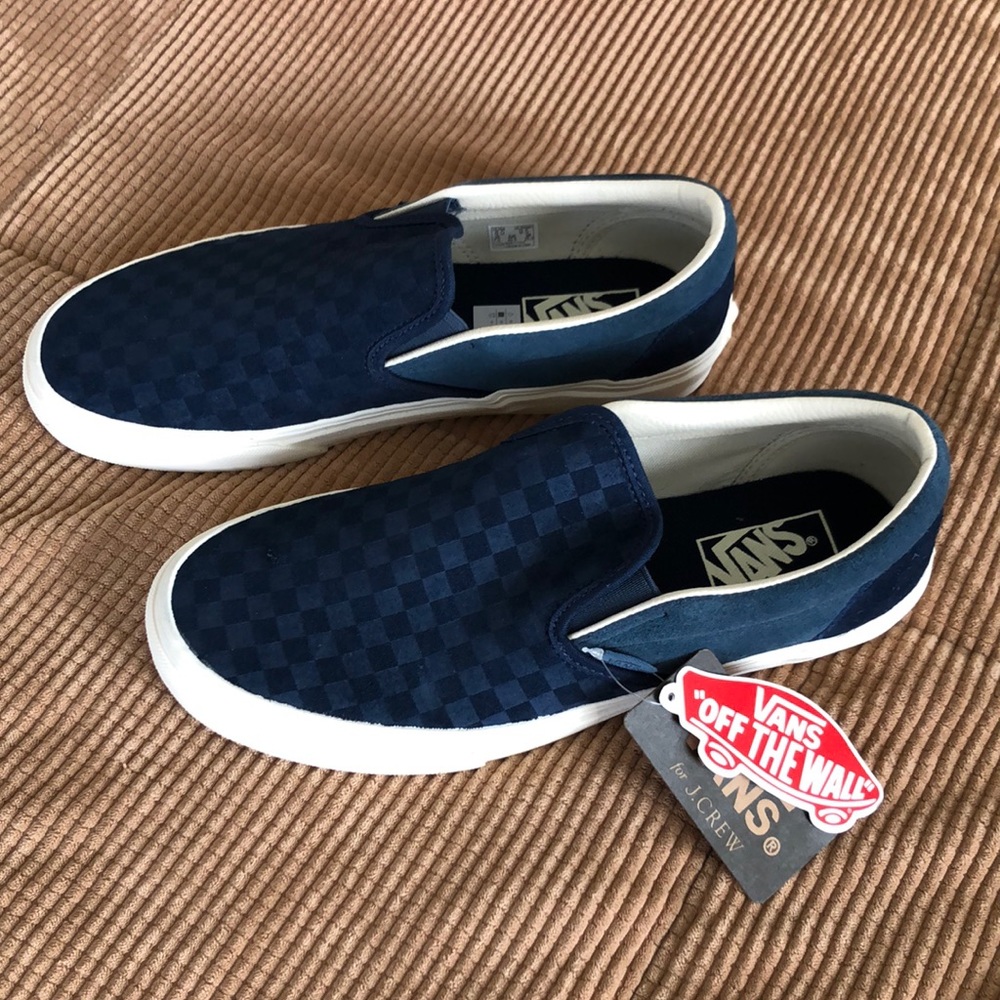 Vans x J. Crew navy suede checkerboard slip-ons